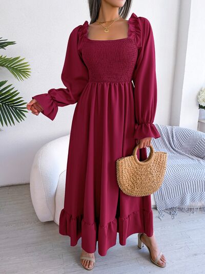 Smocked Square Neck Flounce Sleeve Dress |1mrk.com