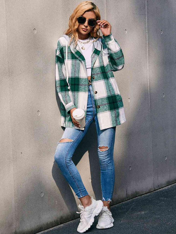 Plaid Dropped Shoulder Hooded Jacket | 1mrk.com