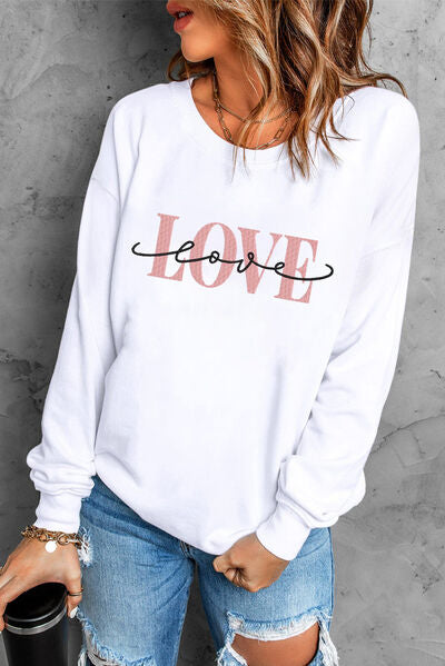 LOVE Round Neck Dropped Shoulder Sweatshirt | Trendsi