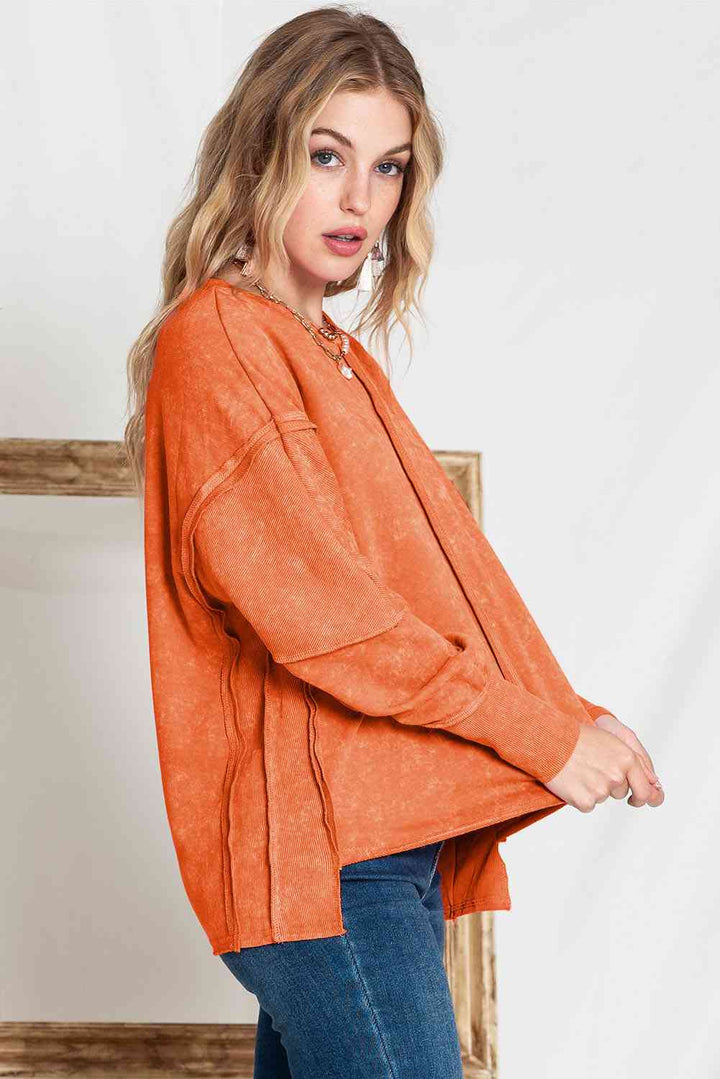 Full Size Exposed Seams Round Neck Dropped Shoulder Sweatshirt |1mrk.com