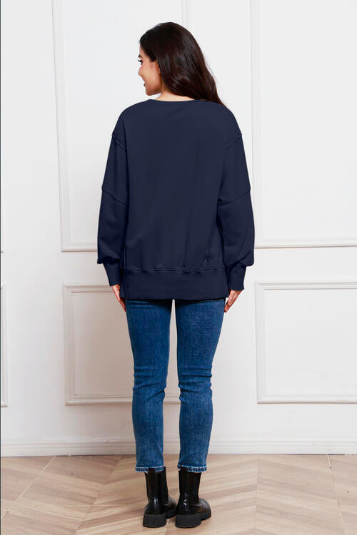 Exposed Seam Long Sleeve Slit Sweatshirt |1mrk.com