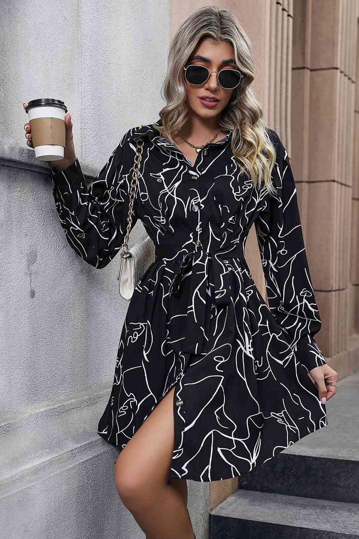 Printed Long Sleeve Shirt Dress |1mrk.com