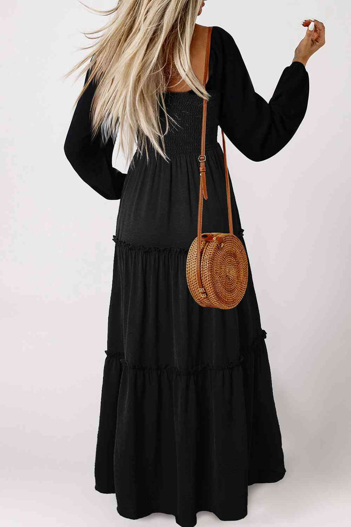 Square Neck Long Sleeve Tiered Dress |1mrk.com