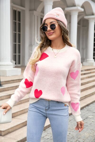 Heart Round Neck Droppped Shoulder Sweater |1mrk.com