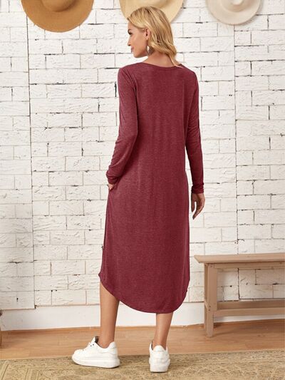 Pocketed Round Neck Long Sleeve Tee Dress | Trendsi