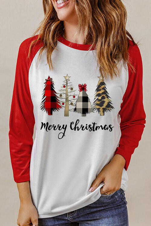 Christmas Tree Graphic Round Neck Long Sleeve T-Shirt | 1mrk.com