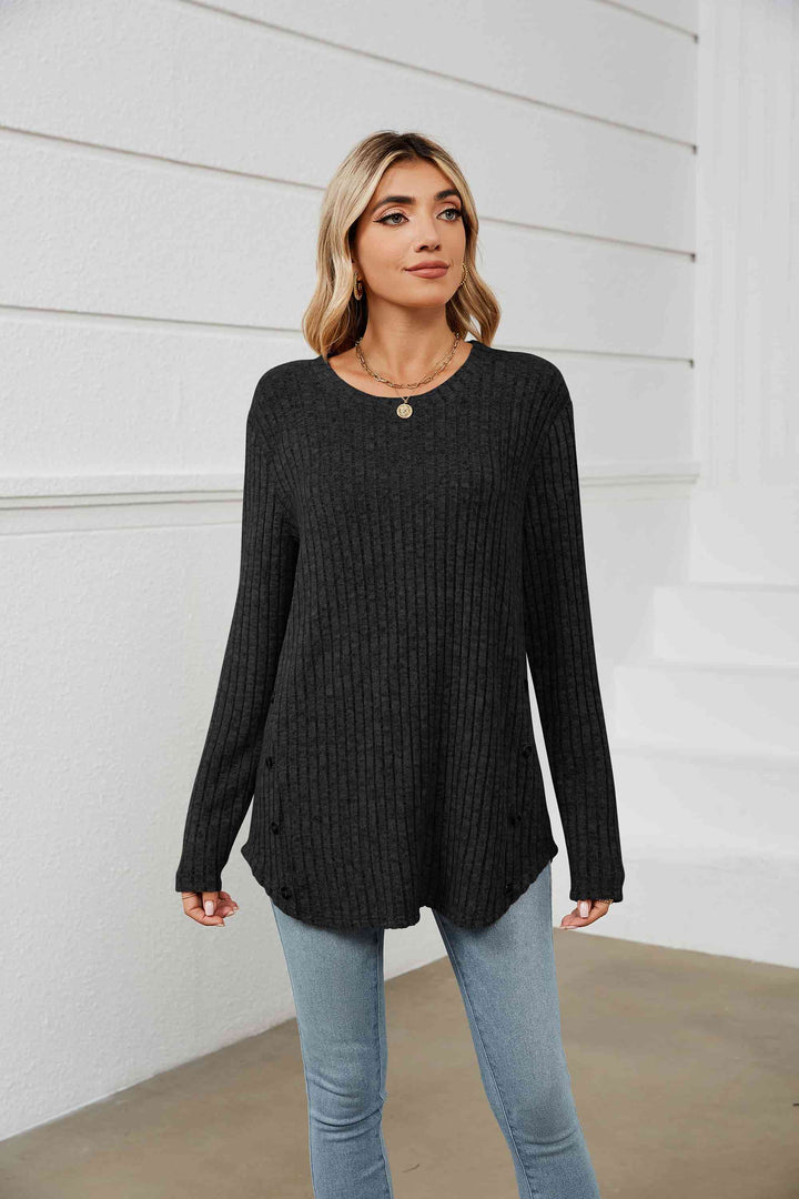 Round Neck Ribbed Long Sleeve T-Shirt | 1mrk.com