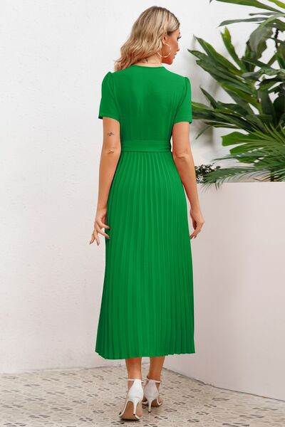 Pleated Surplice Short Sleeve Midi Dress |1mrk.com