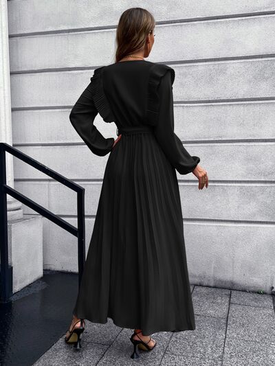 Pleated Surplice Tie Waist Maxi Dress |1mrk.com