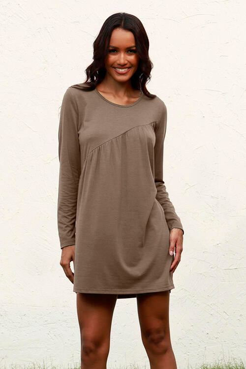 Ruched Round Neck Long Sleeve Dress | 1mrk.com