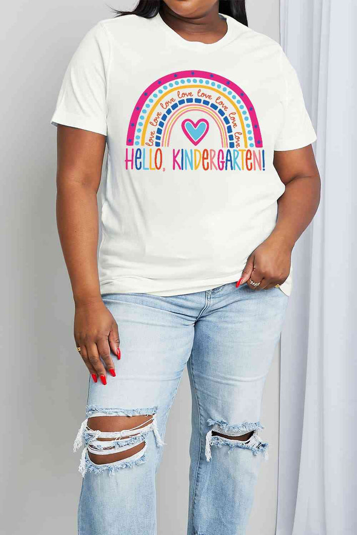 Simply Love Full Size LOVE HELLO KINDERGARTEN Rainbow Graphic Cotton Tee | 1mrk.com