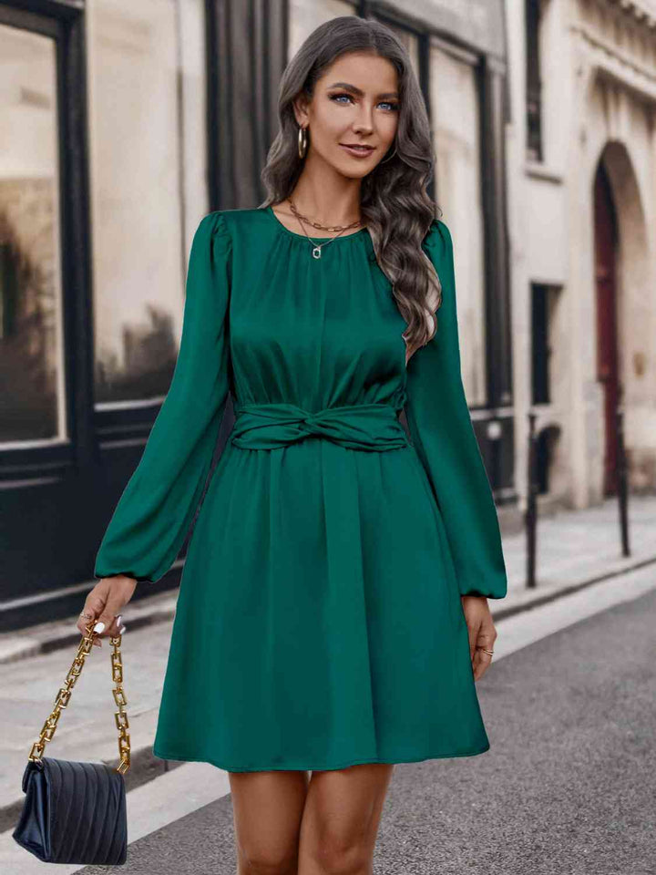 Twisted Round Neck Long Sleeve Dress | 1mrk.com