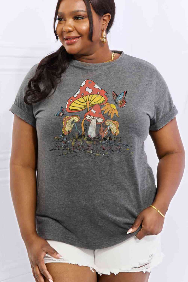 Simply Love Full Size Mushroom & Butterfly Graphic Cotton T-Shirt | 1mrk.com