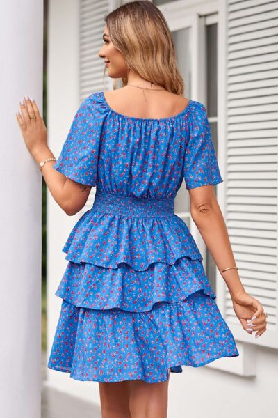 Floral Smocked Short Sleeve Layered Dress |1mrk.com