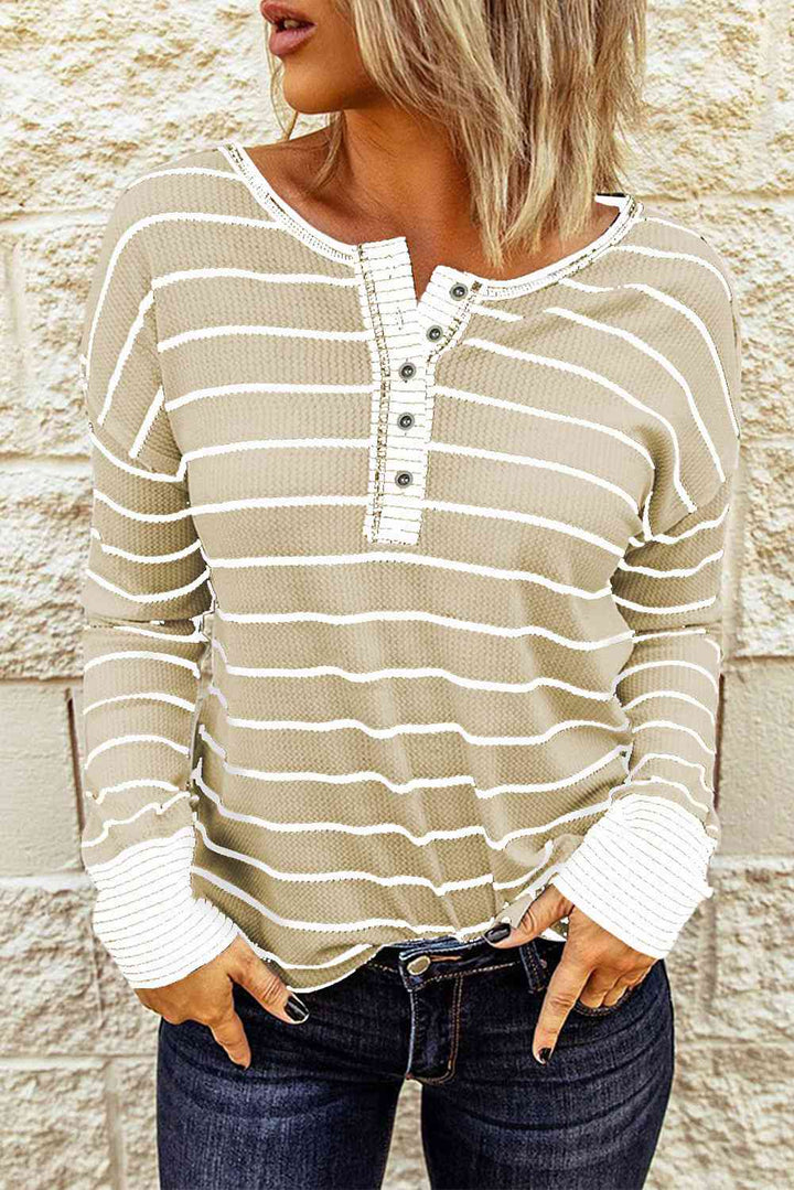 Striped Waffle Knit Henley Long Sleeve Top | 1mrk.com