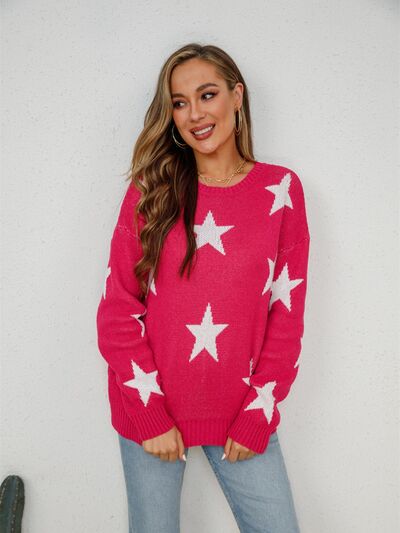 Star Round Neck Dropped Shoulder Sweater |1mrk.com