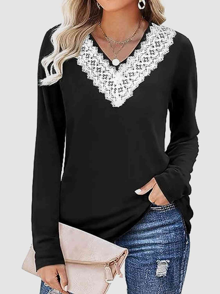 Lace Detail V-Neck Long Sleeve Top | 1mrk.com