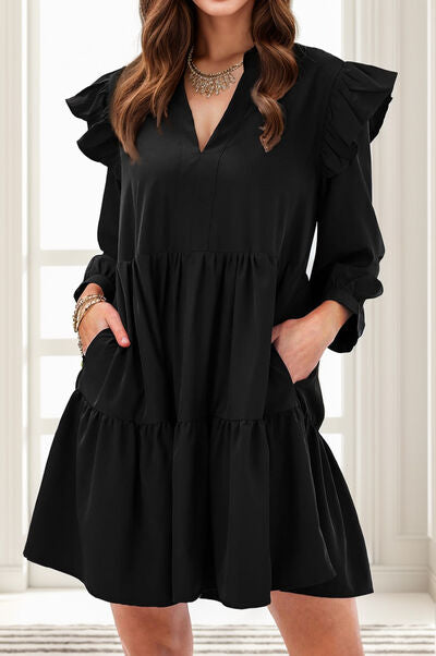 Ruffled V-Neck Long Sleeve Mini Dress |1mrk.com