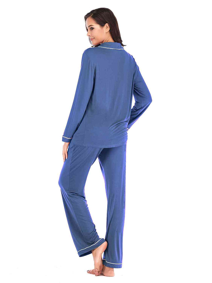 Collared Neck Long Sleeve Loungewear Set with Pockets | 1mrk.com