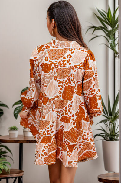 Printed Tiered Half Button Lantern Sleeve Mini Dress |1mrk.com