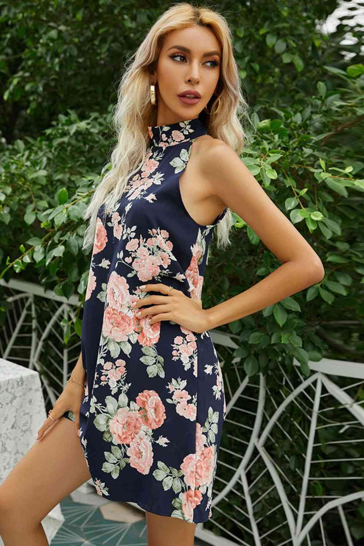 Floral Tied Sleeveless Grecian Neck Mini Dress |1mrk.com