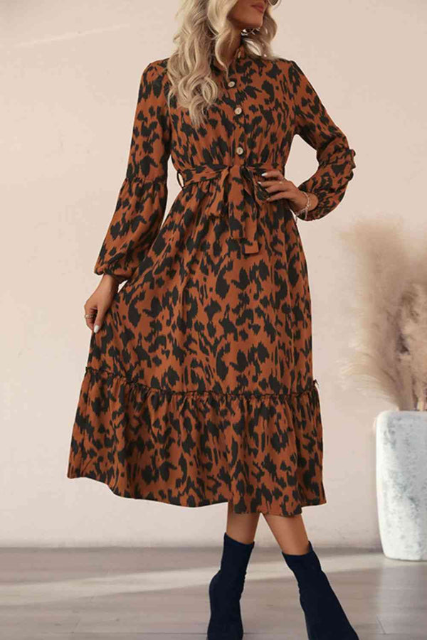 Printed Bubble Sleeve Buttoned Shirt Dress |1mrk.com