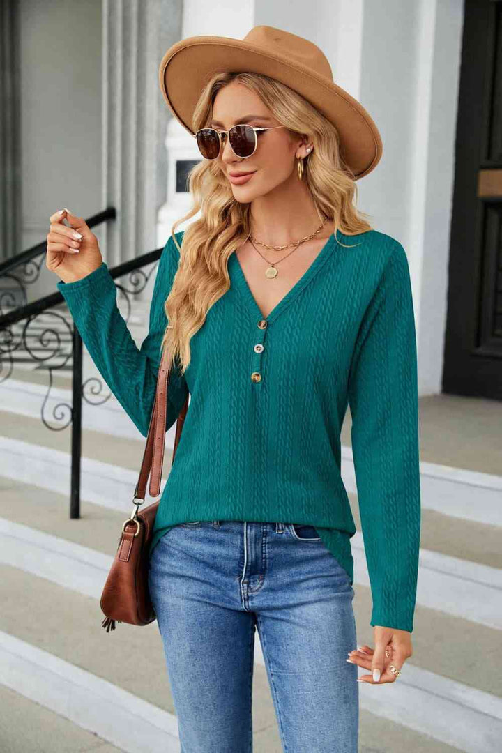 Cable-Knit Long Sleeve V-Neck T-Shirt | 1mrk.com