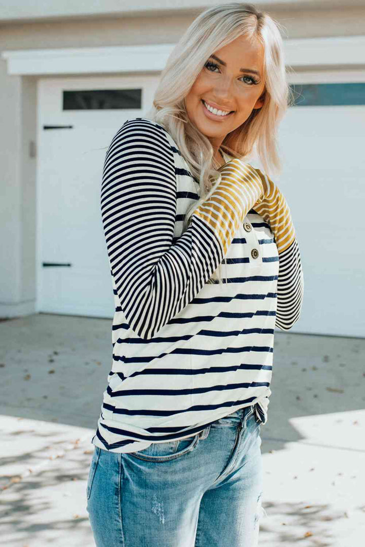 Striped Buttoned Long Sleeve Top | 1mrk.com