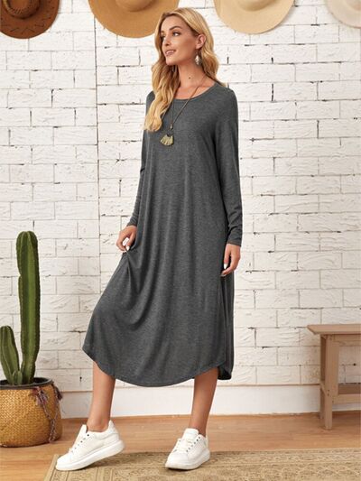 Pocketed Round Neck Long Sleeve Tee Dress | Trendsi