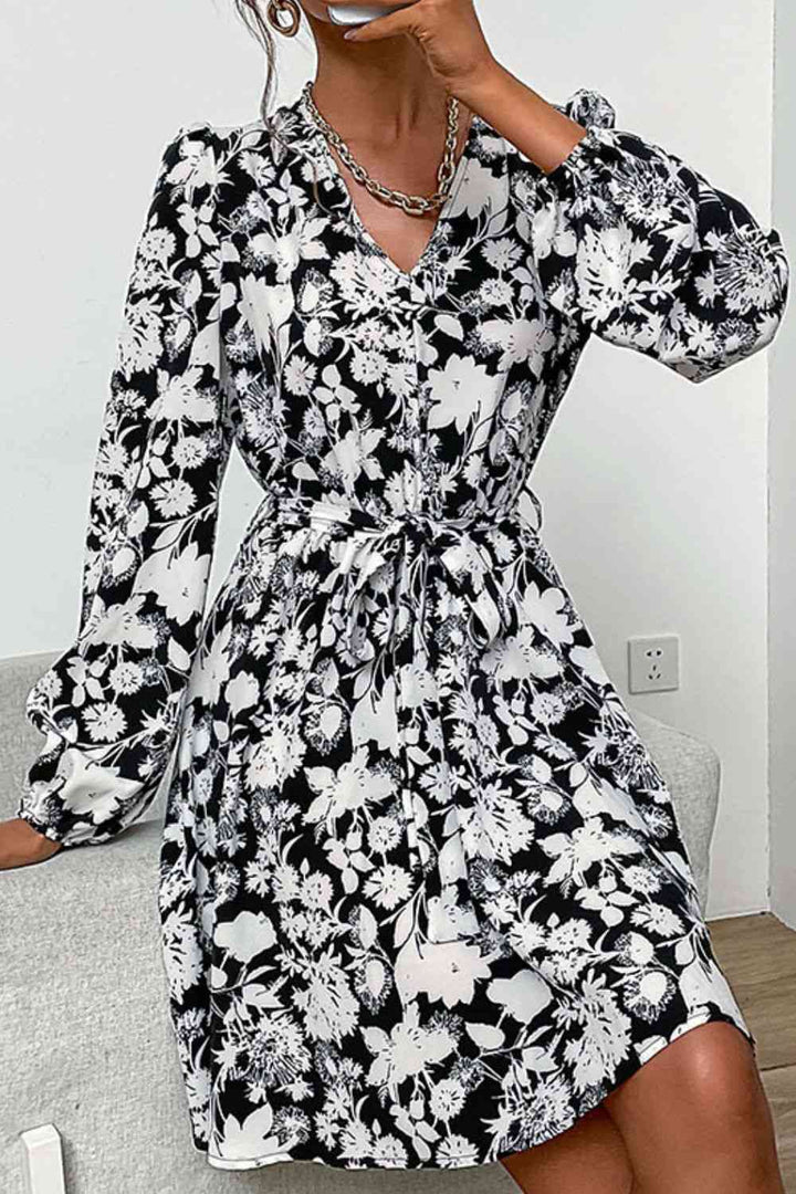 Floral Belted V-Neck Puff Sleeve Mini Dress |1mrk.com