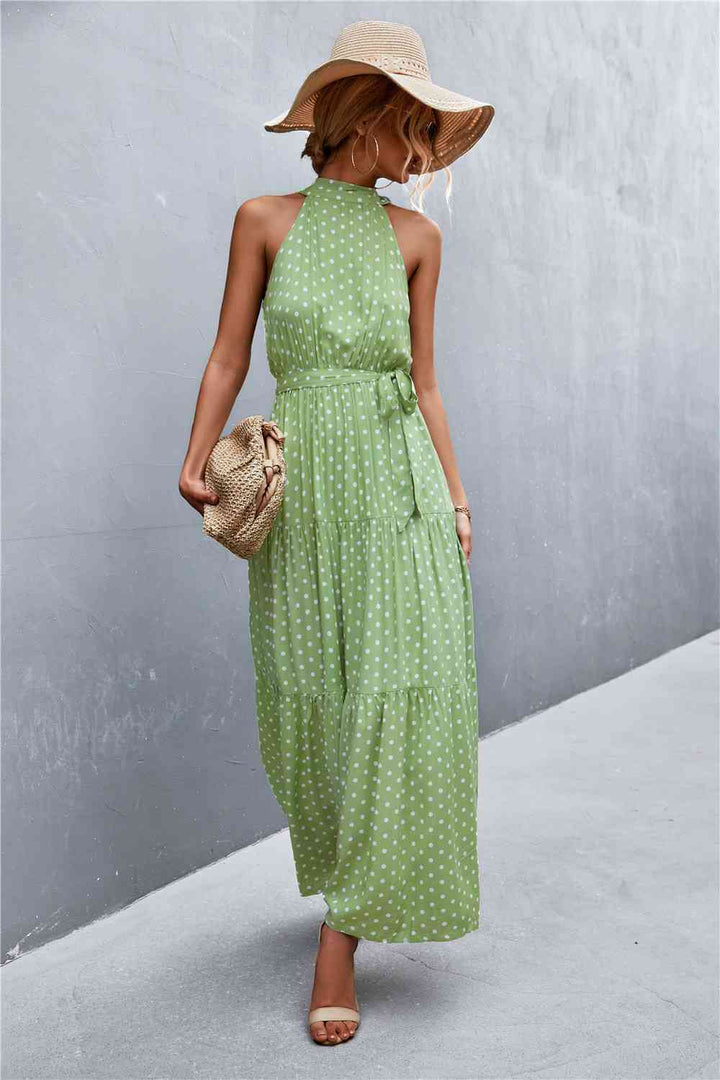 Printed Sleeveless Tie Waist Maxi Dress |1mrk.com