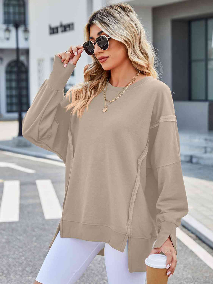 Exposed Seam High-Low Round Neck Sweatshirt |1mrk.com