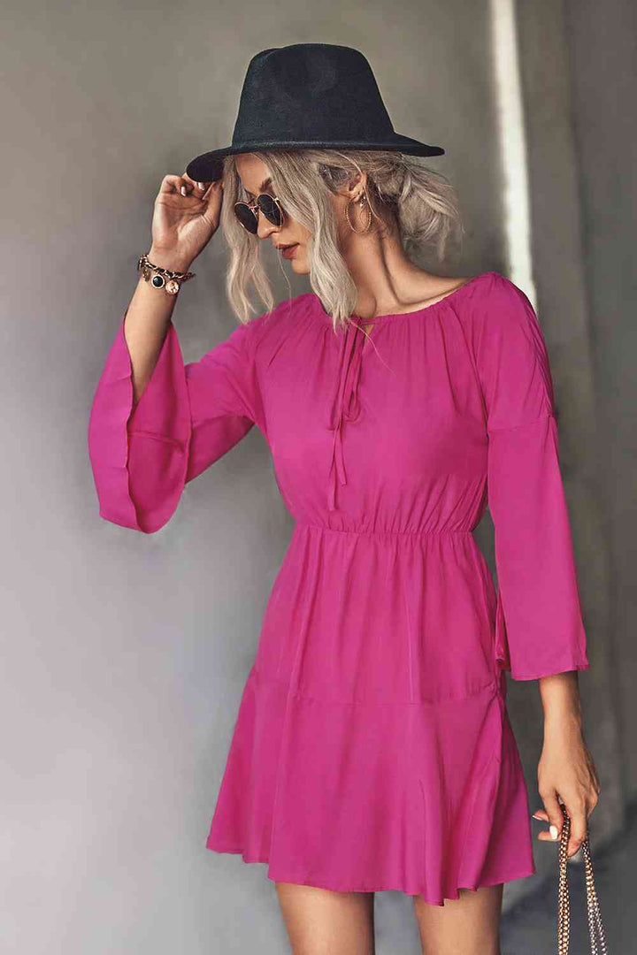 Tie Neck Flare Sleeve Mini Dress |1mrk.com