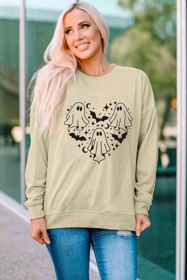 Round Neck Dropped Shoulder Ghost Graphic Sweatshirt |1mrk.com