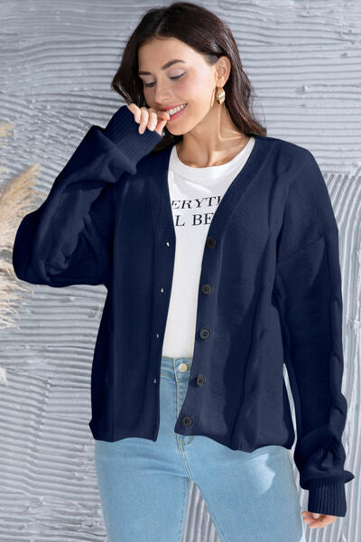 Button Up V-Neck Drop Shoulder Long Sleeve Cardigan |1mrk.com