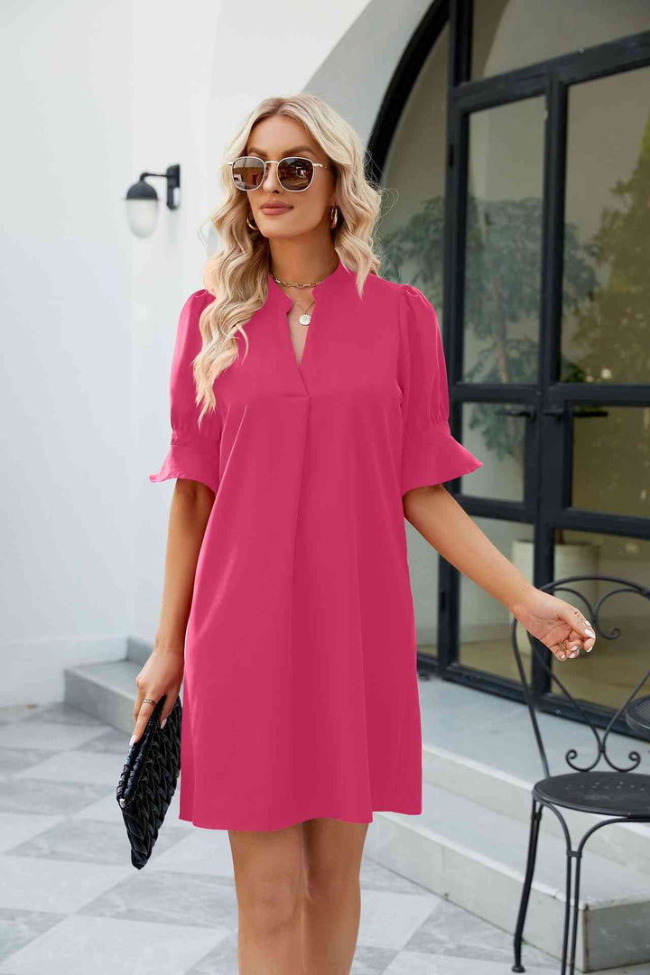 Notched Neck Flounce Sleeve Mini Dress |1mrk.com