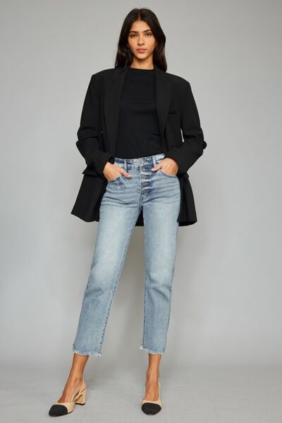 Kancan High Waist Button Fly Raw Hem Cropped Straight Jeans |1mrk.com