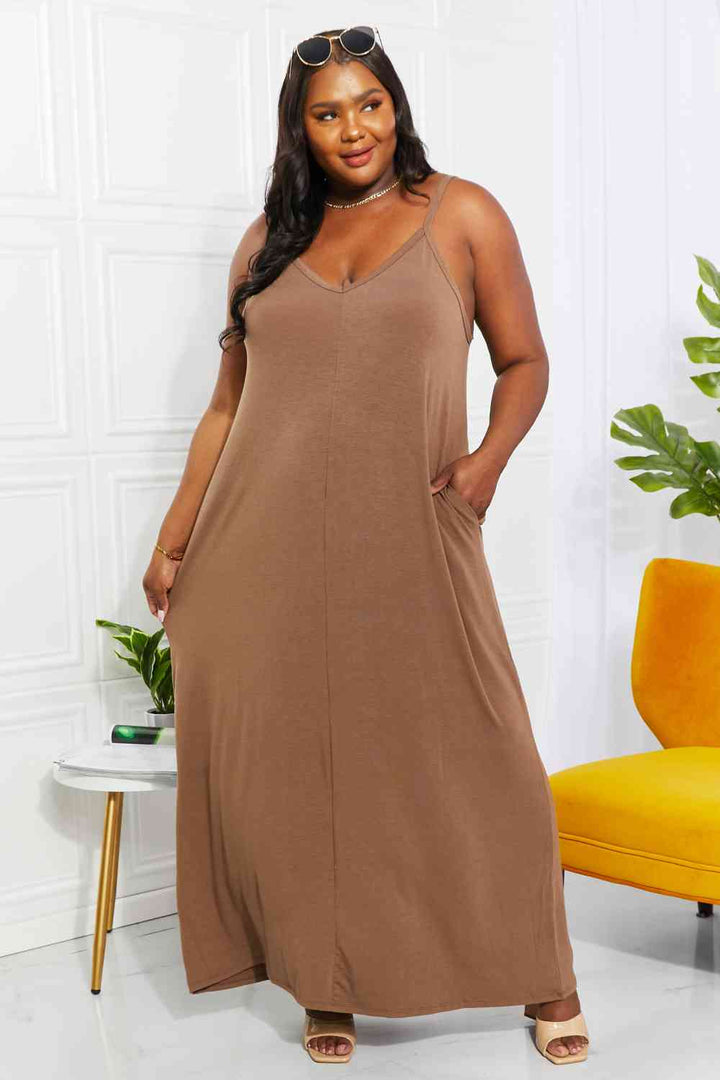 Zenana Full Size Beach Vibes Cami Maxi Dress in Mocha | 1mrk.com