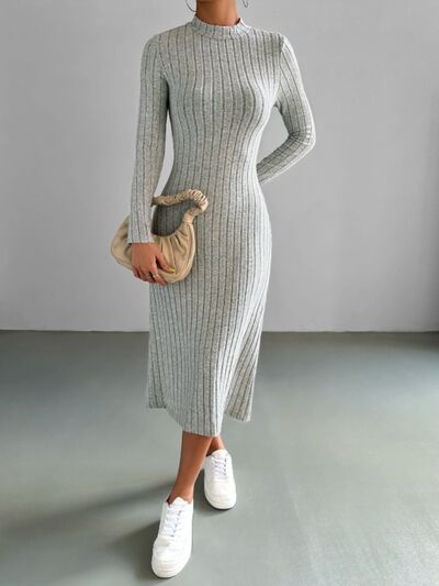 Ribbed Mock Neck Long Sleeve Midi Sweater Dress |1mrk.com