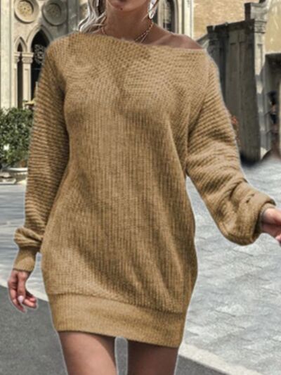 One Shoulder Lantern Sleeve Sweater Dress | 1mrk.com