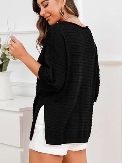 Rolled Round Neck Dropped Shoulder Slit Sweater |1mrk.com