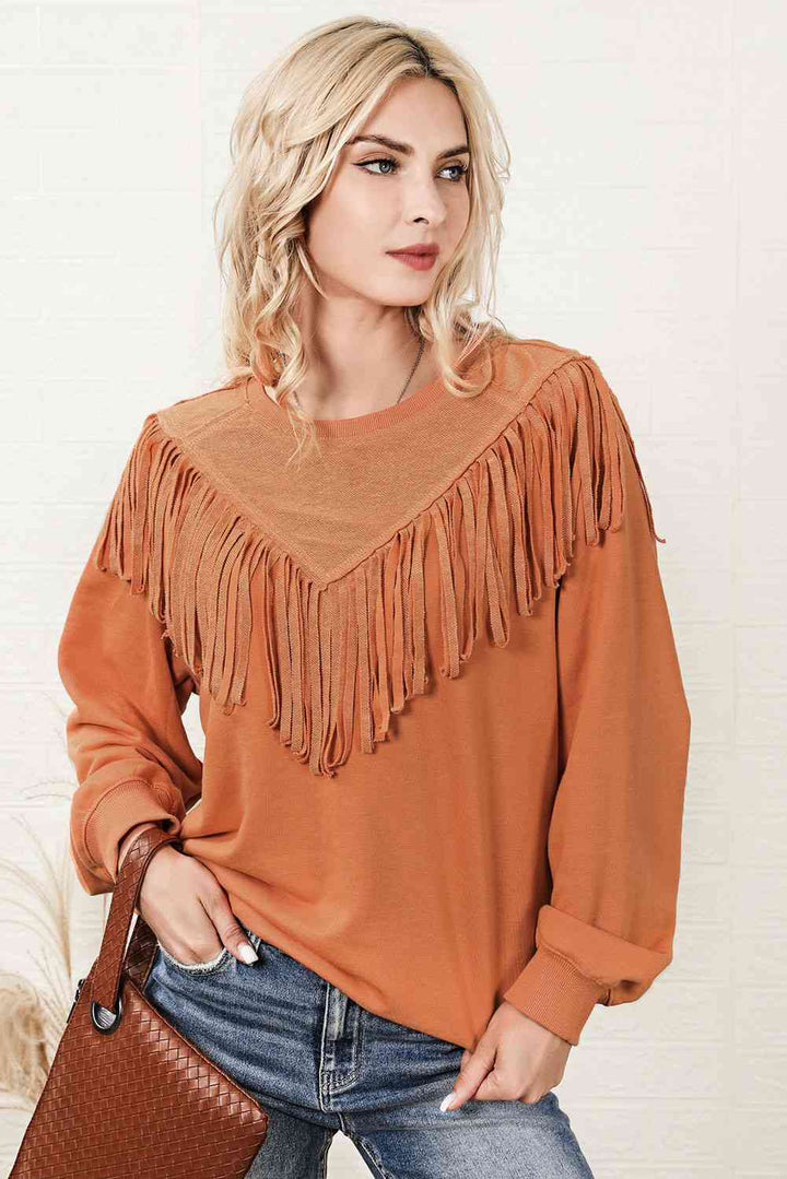 Fringe Trim Round Neck Sweatshirt |1mrk.com