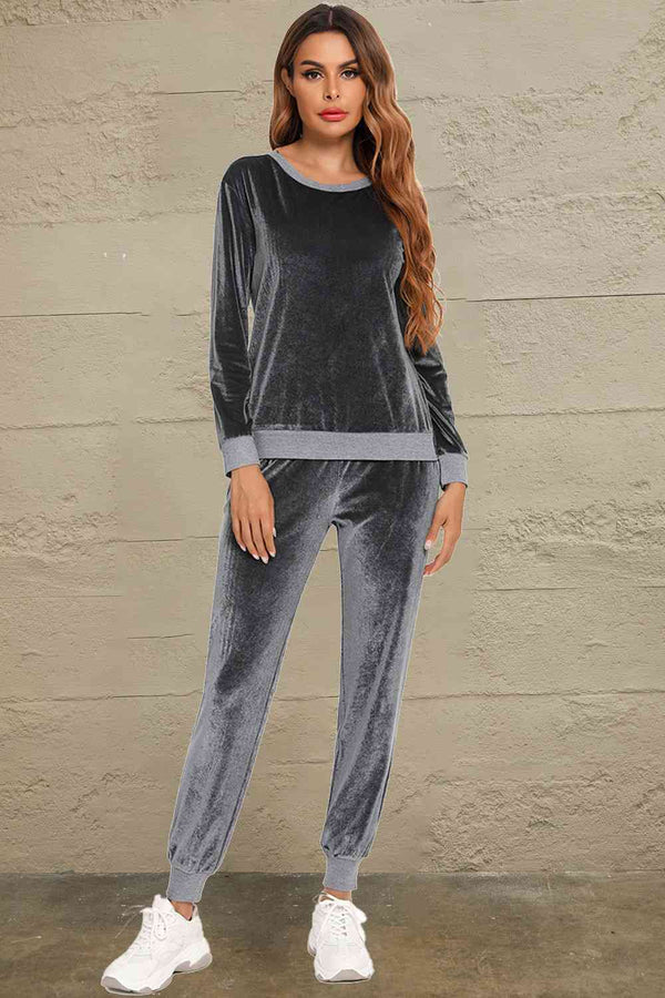 Round Neck Long Sleeve Loungewear Set with Pockets | 1mrk.com