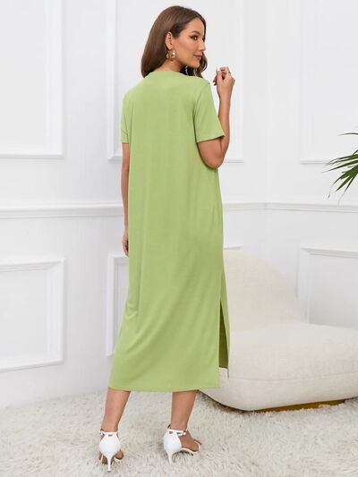 Slit Round Neck Short Sleeve Dress |1mrk.com