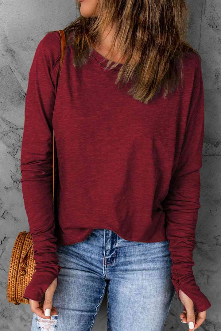 Thumbhole Long Sleeve Round Neck Top |1mrk.com