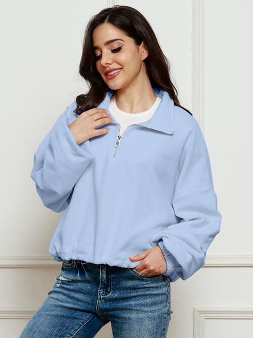 Half-Zip Collared Drop Shoulder Fleece Sweatshirt |1mrk.com