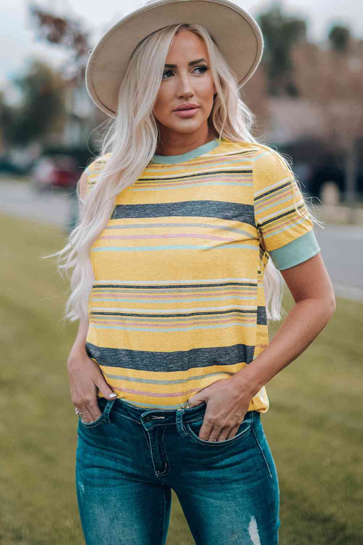 Multicolored Striped Round Neck Tee Shirt | 1mrk.com