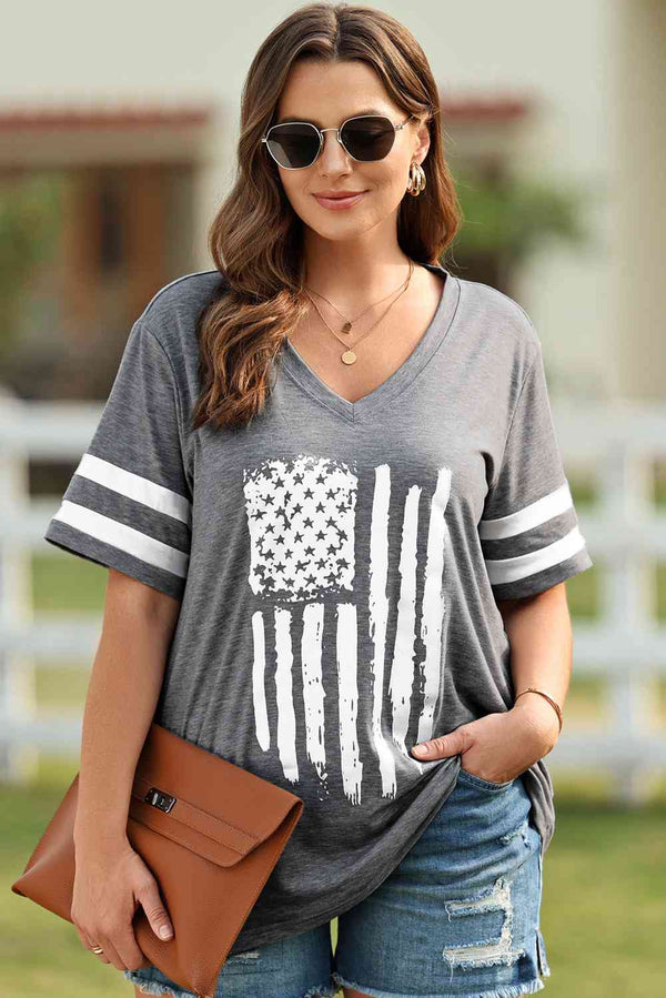 Plus Size US Flag Graphic V-Neck Tee | 1mrk.com