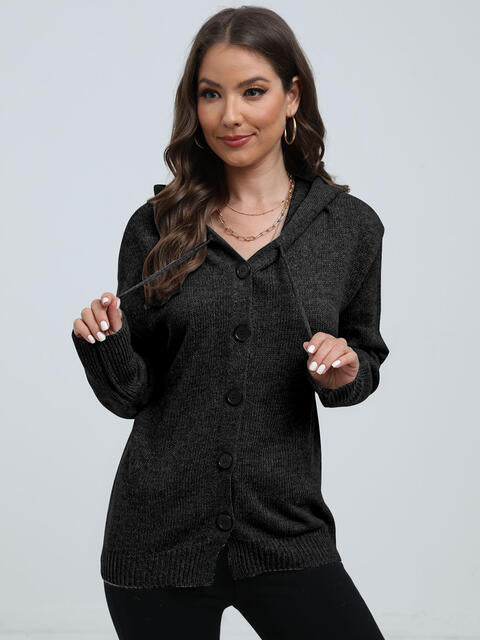 Button Down Drawstring Hooded Cardigan |1mrk.com