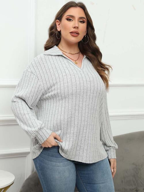 Plus Size Ribbed Collared Neck Long Sleeve Blouse | 1mrk.com